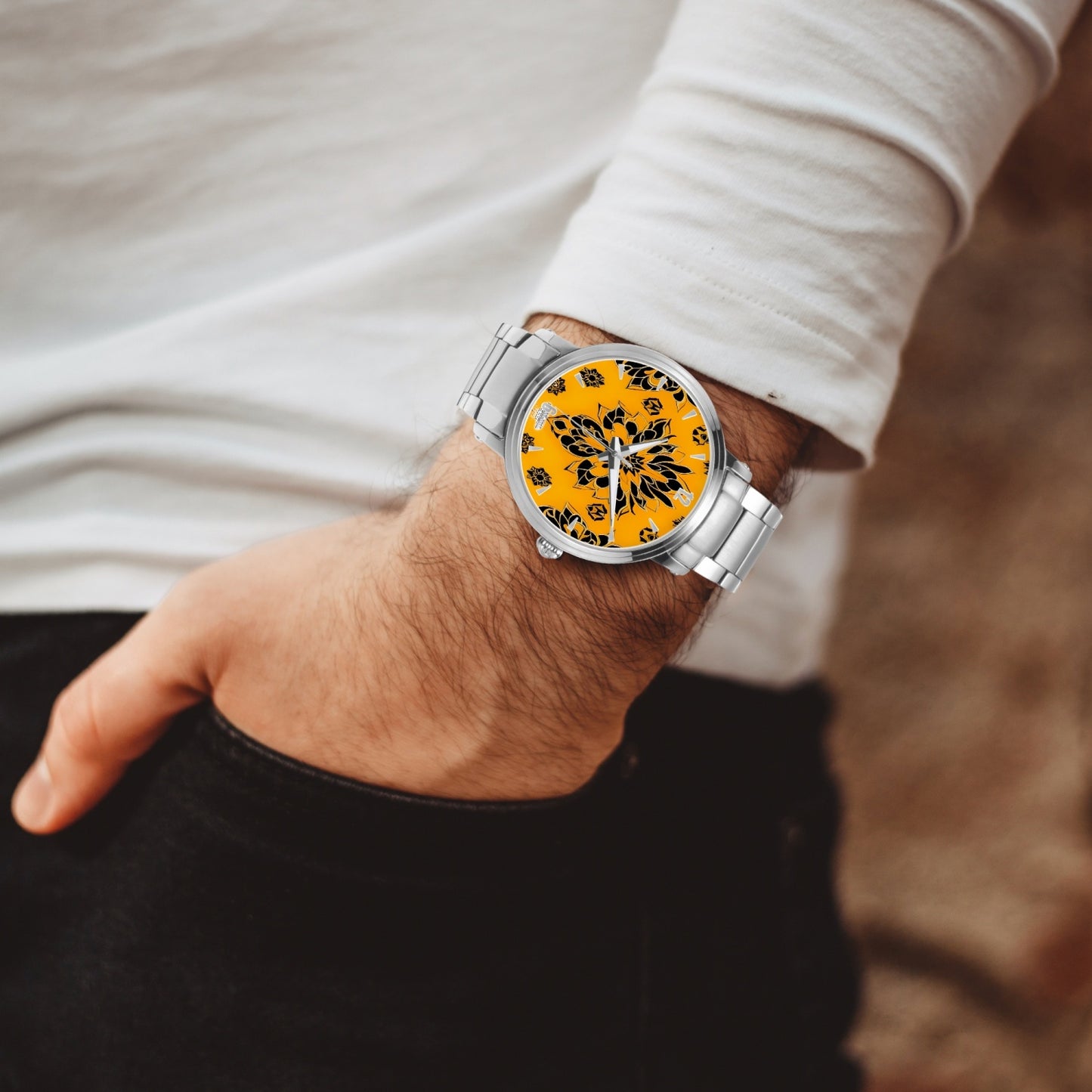 Orange and black royal pattern Steel Strap Automatic Watch (With Indicators)