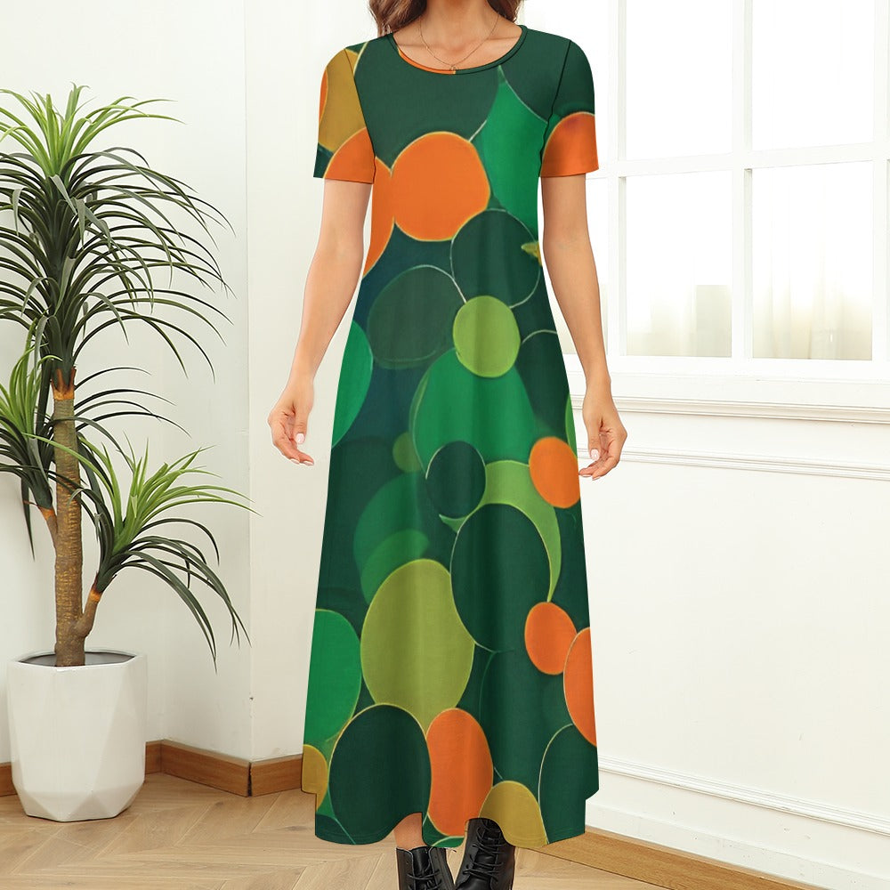 Orange and green ball pattern Neck Short Sleeve Dress (No Pockets)