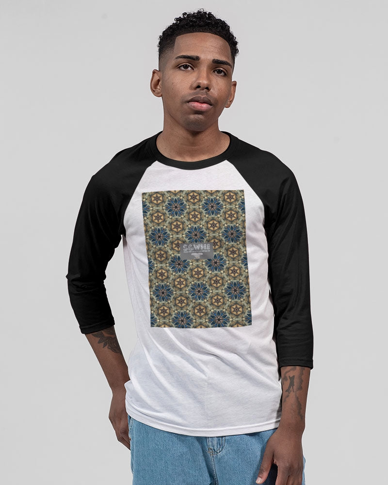 Green & Dark Blue almost star pattern. Unisex Three-Quarter Sleeve Baseball Tee | Bella + Canvas