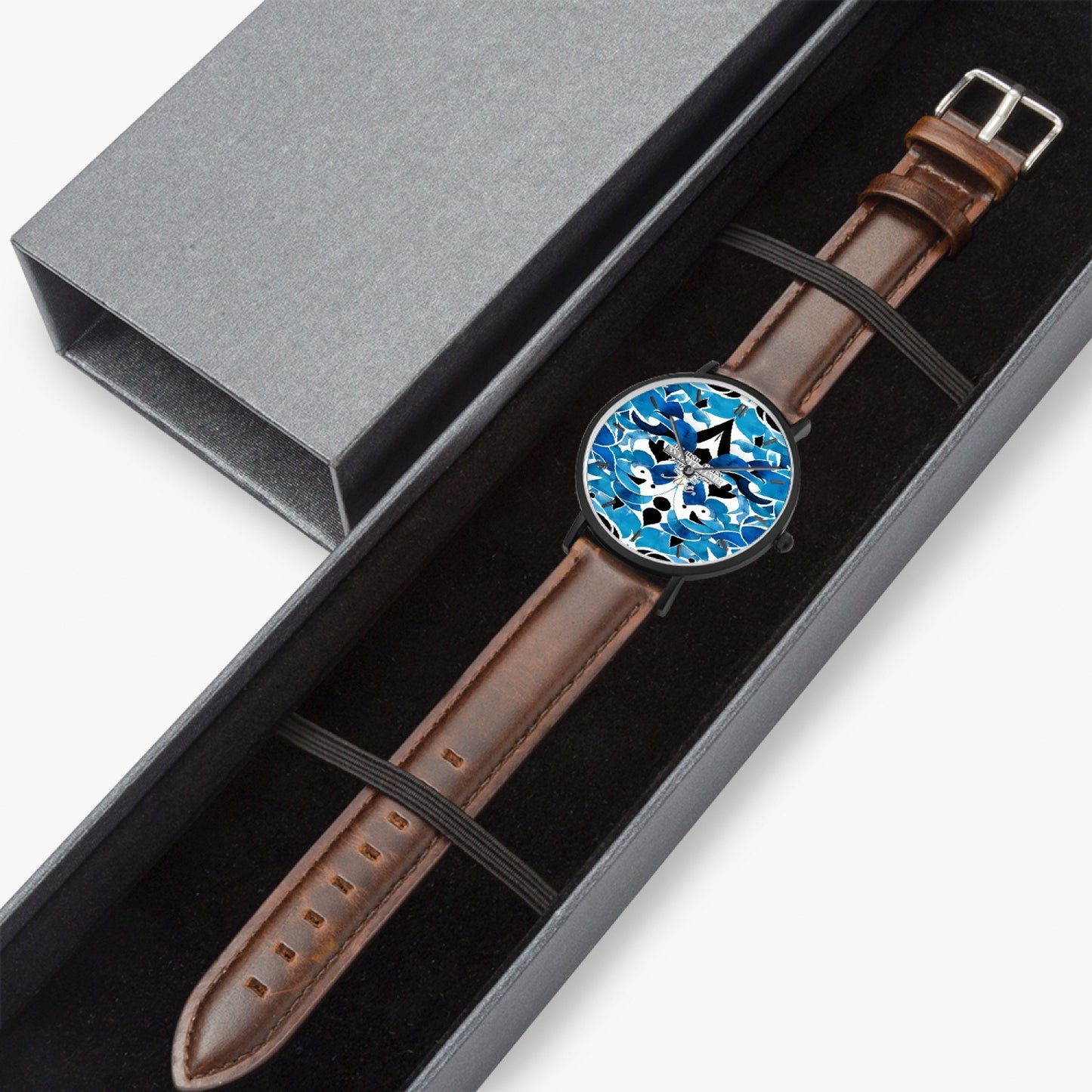 Blue abstract pattern Hot Selling Ultra-Thin Leather Strap Quartz Watch (Black With Indicators)