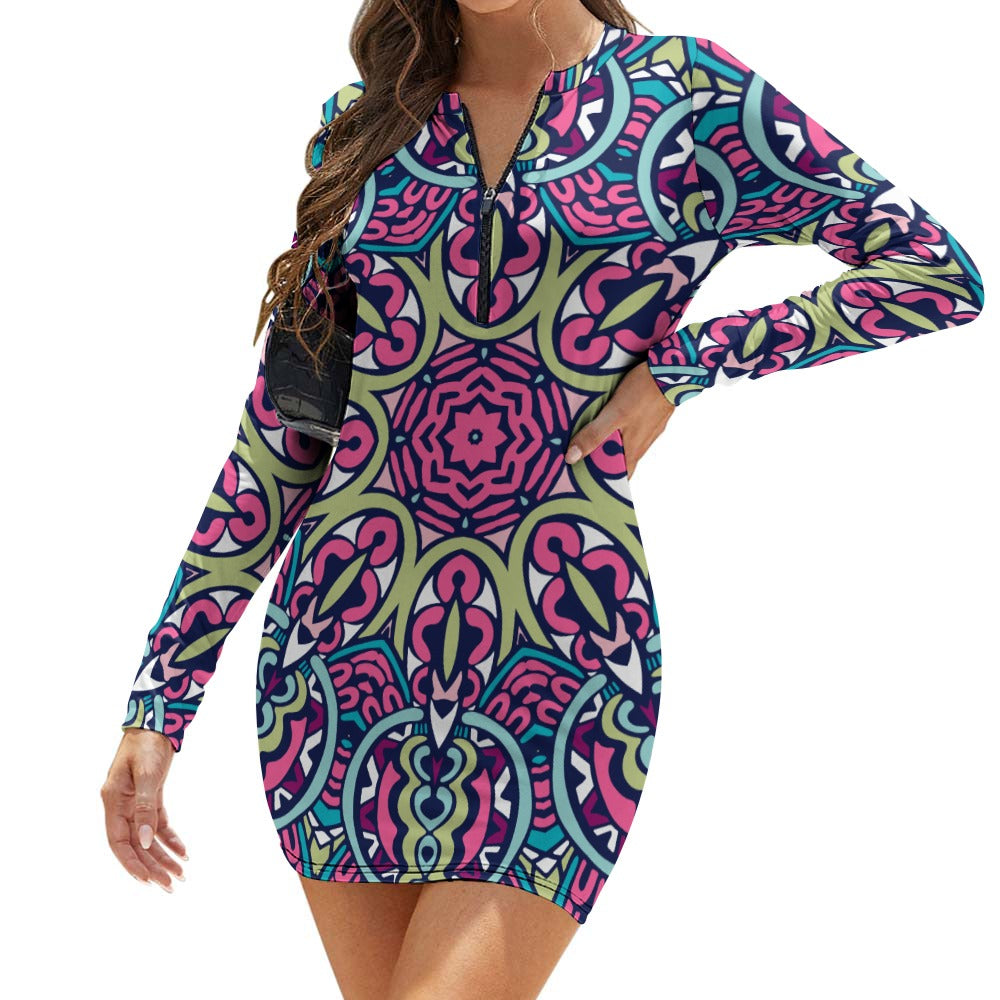 Women's Zipper Long Sleeve Hip Dress