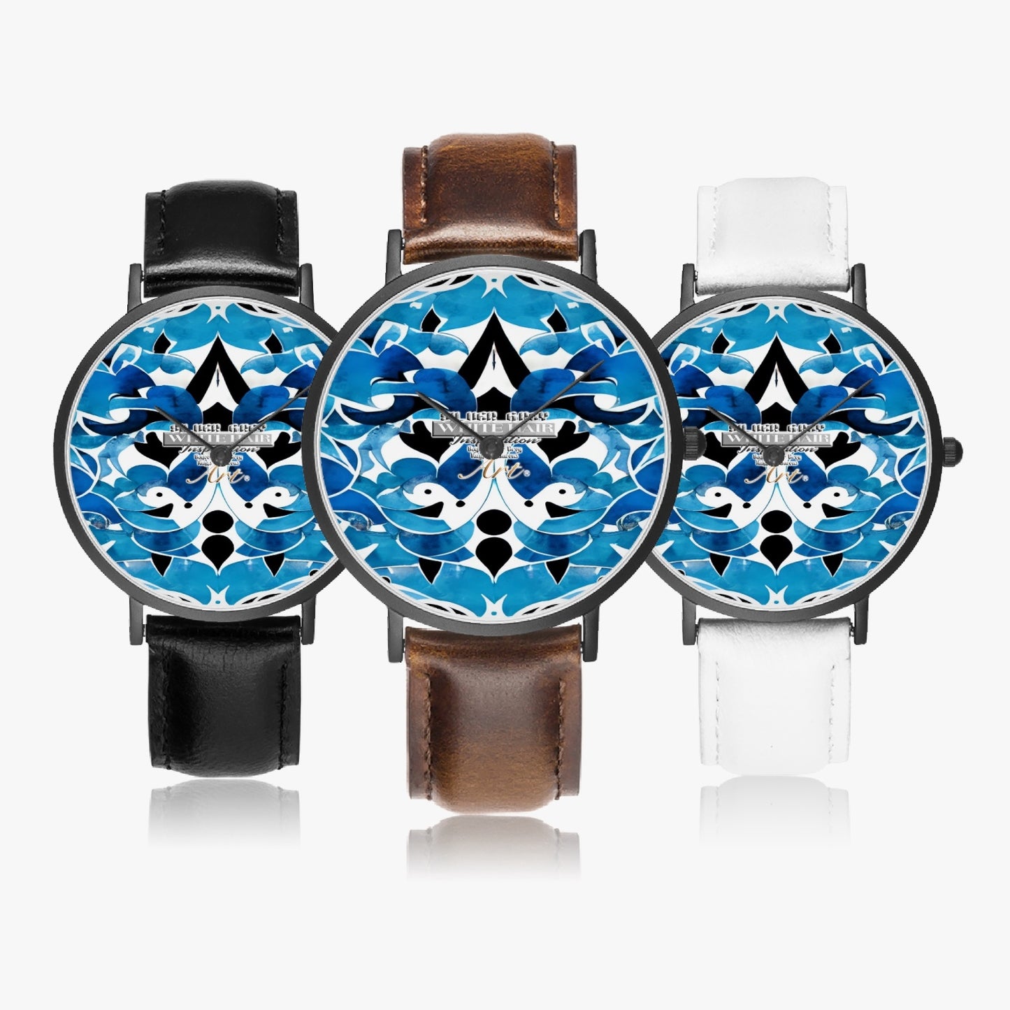 Silver grey white hair inspiration abstract pattern Hot Selling Ultra-Thin Leather Strap Quartz Watch (Black)