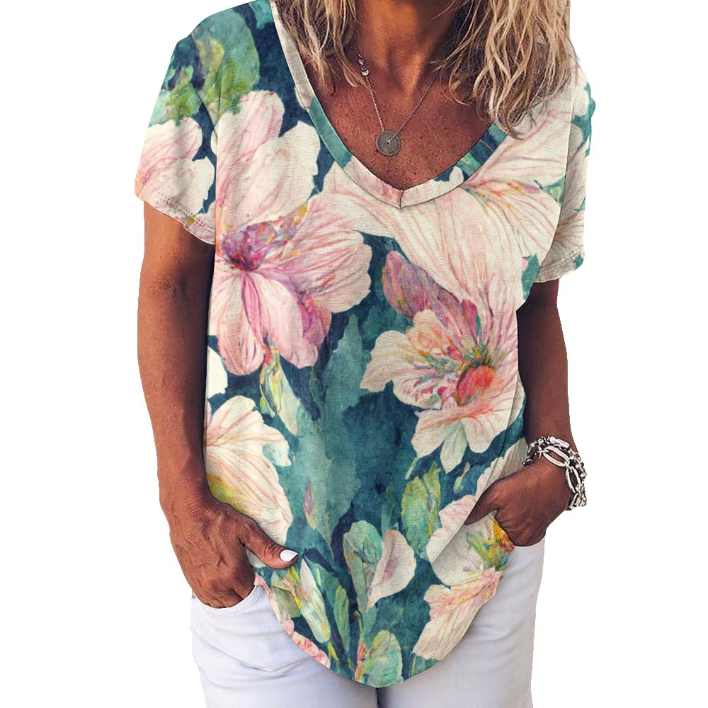 2024 New V Neck Short-sleeve Women Shirt Printed