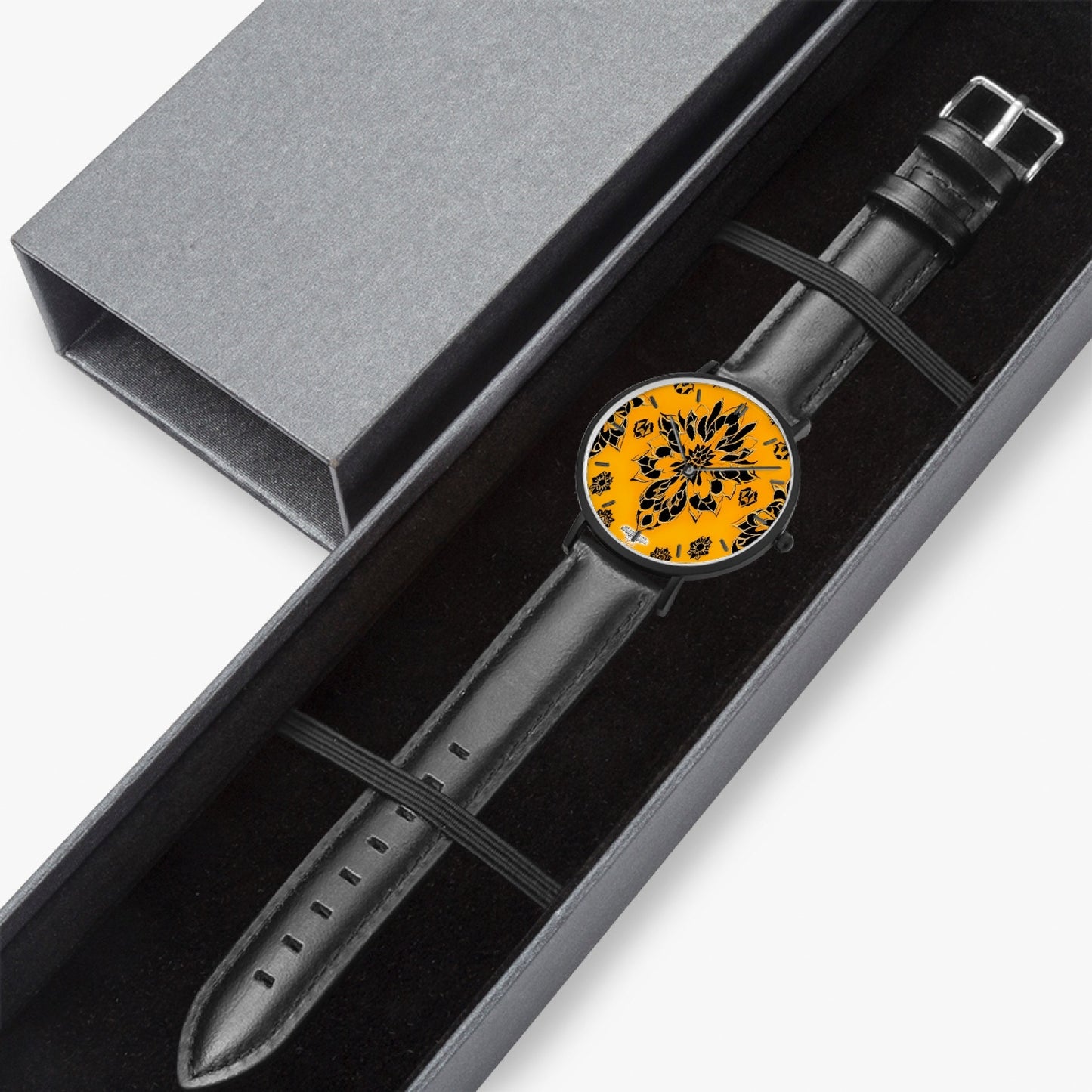 Orange and black royal pattern Hot Selling Ultra-Thin Leather Strap Quartz Watch (Black With Indicators)