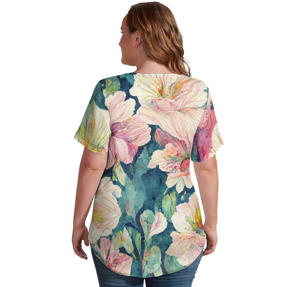 2024 New V Neck Short-sleeve Women Shirt Printed