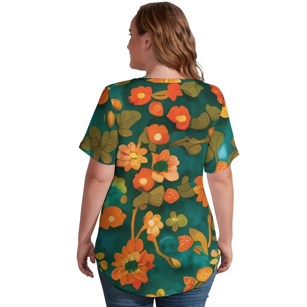 2024 New V Neck Short-sleeve Women Shirt Printed