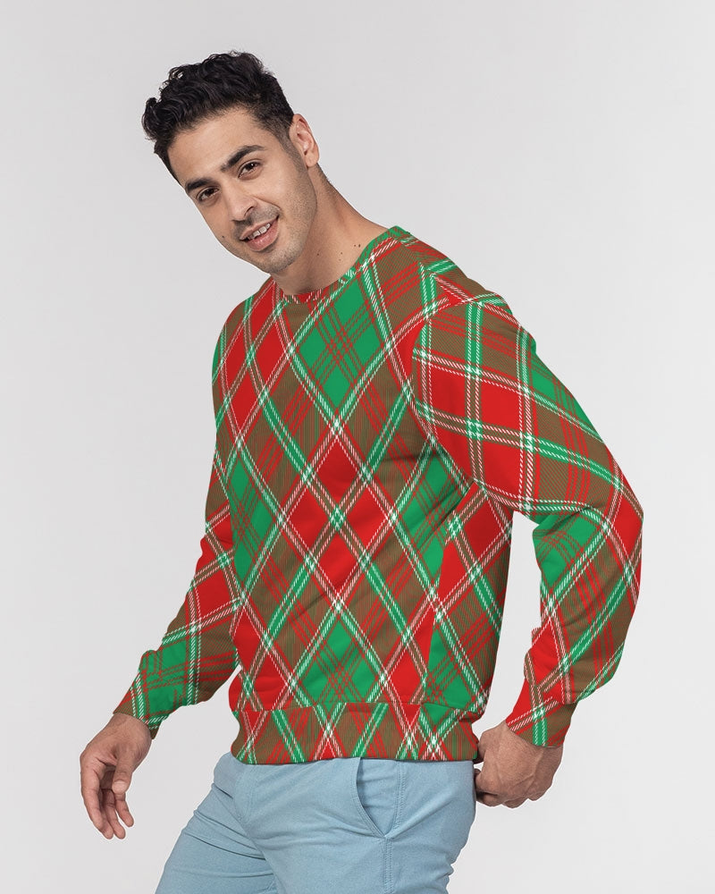 Red & Green cross pattern Men's All-Over Print Classic French Terry Crewneck Pullover