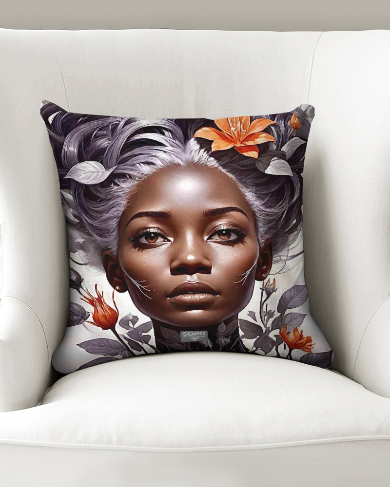 Beautiful black silver grey hair blossom women Throw Pillow Case 16"x16"