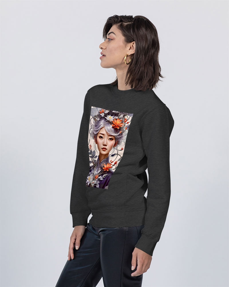 Beautiful Asian woman grey hair blossom Unisex Premium Crewneck Sweatshirt | Lane Seven