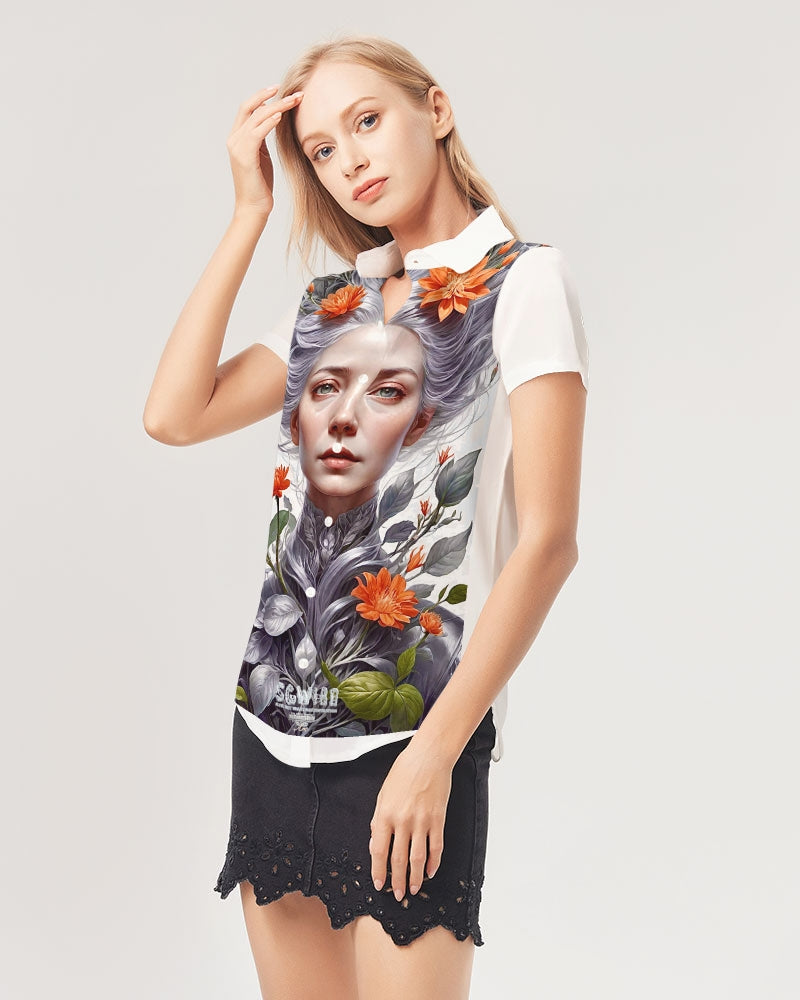 Beautiful white sister grey hair blossom Women's All-Over Print Short Sleeve Button Up