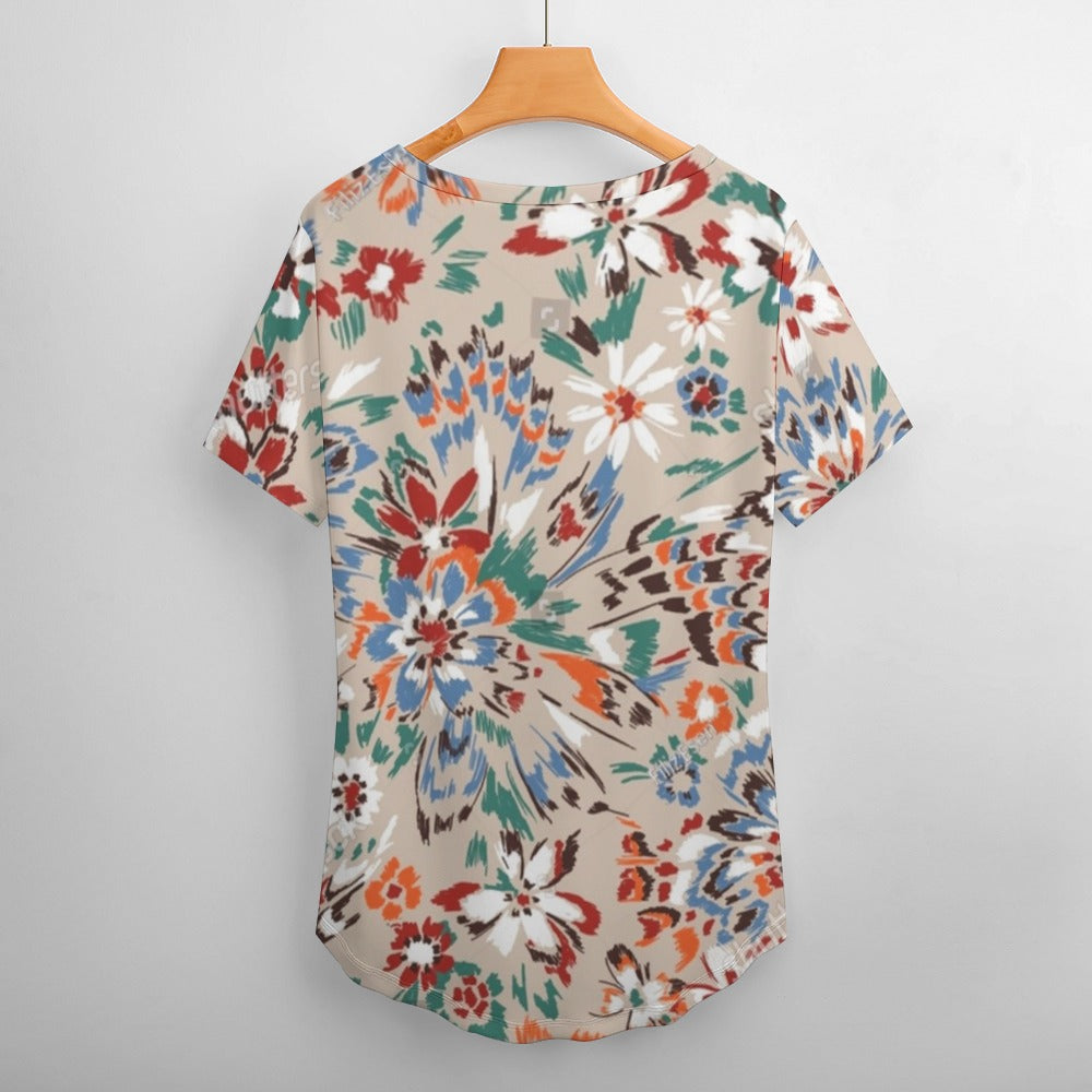 2024 New V Neck Short-sleeve Women Shirt Printed