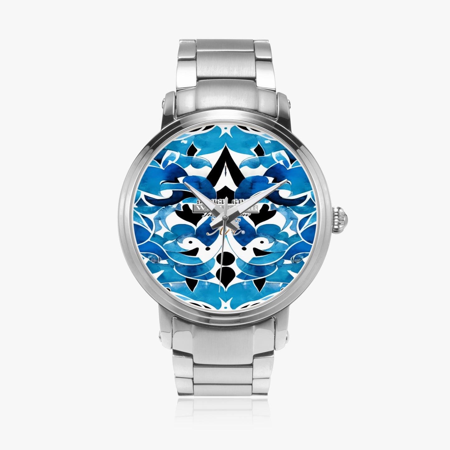 Silver grey white hair inspiration Blue abstract pattern New Steel Strap Automatic Watch