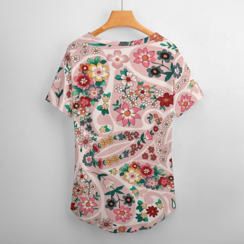 2024 New V Neck Short-sleeve Women Shirt Printed