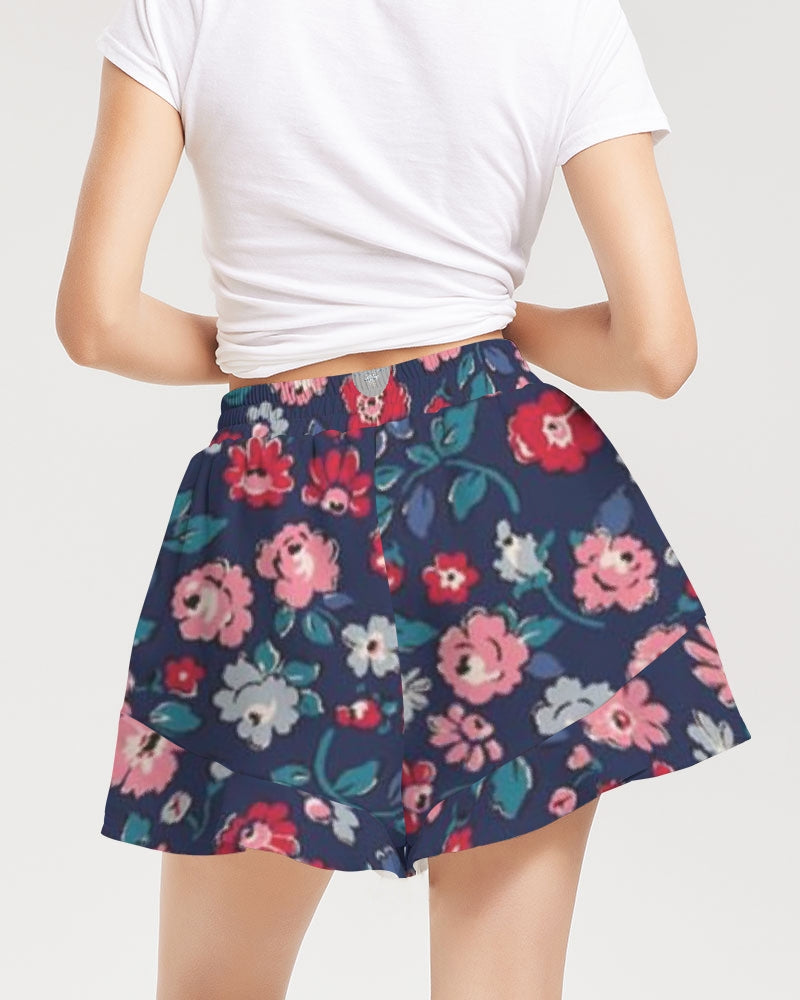 Midnight blue pretty glance.  Women's All-Over Print Ruffle Shorts