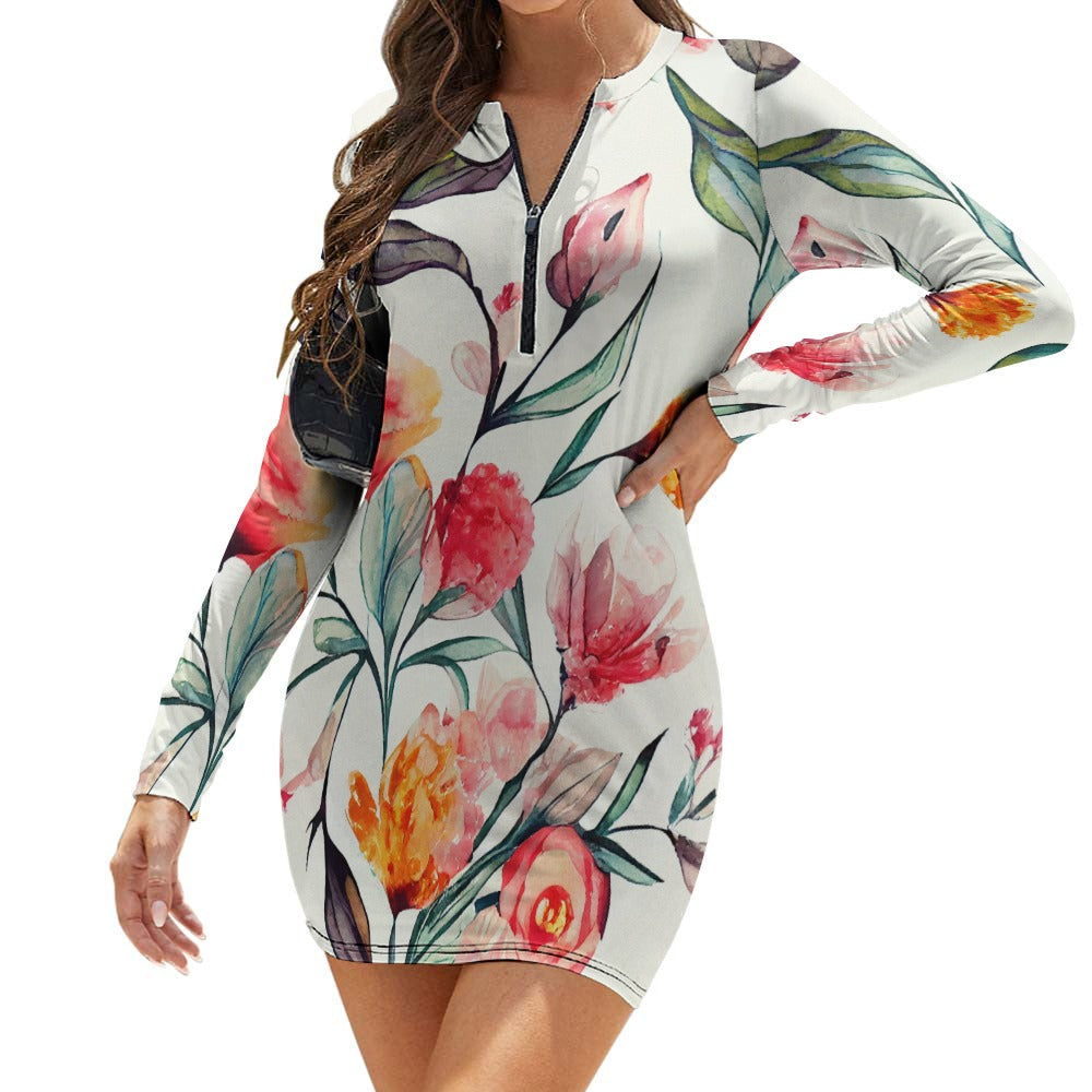 Women's Zipper Long Sleeve Hip Dress