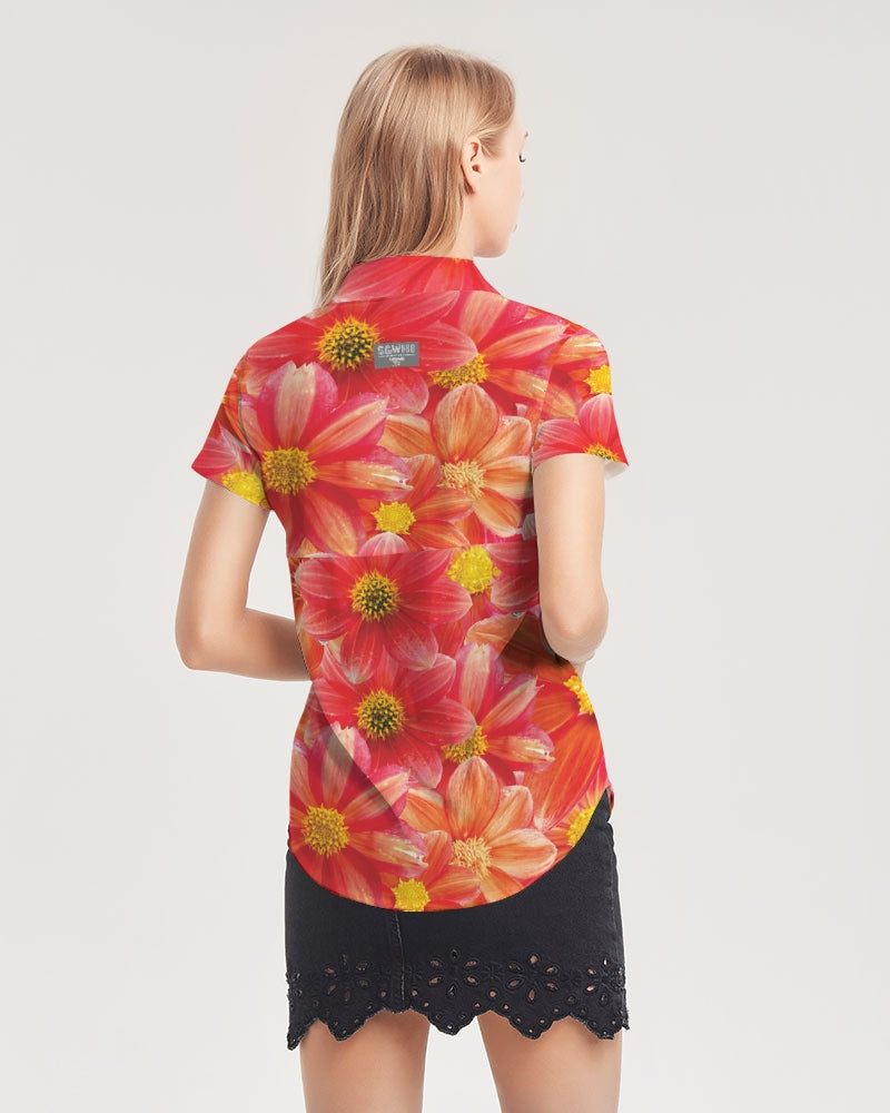 Beautiful blood orange flower design Women's All-Over Print Short Sleeve Button Up