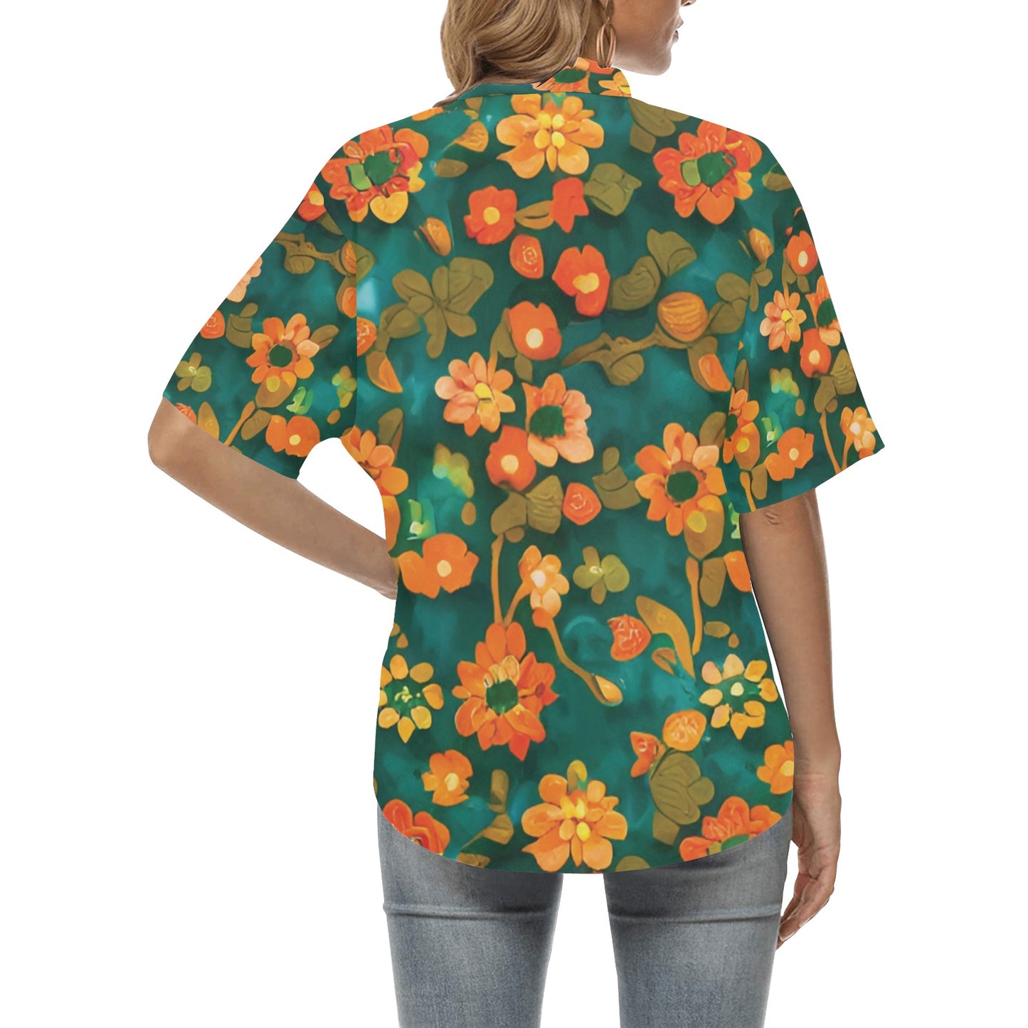 All Over Print Hawaiian Orange and green flower Shirt for Women (T58)