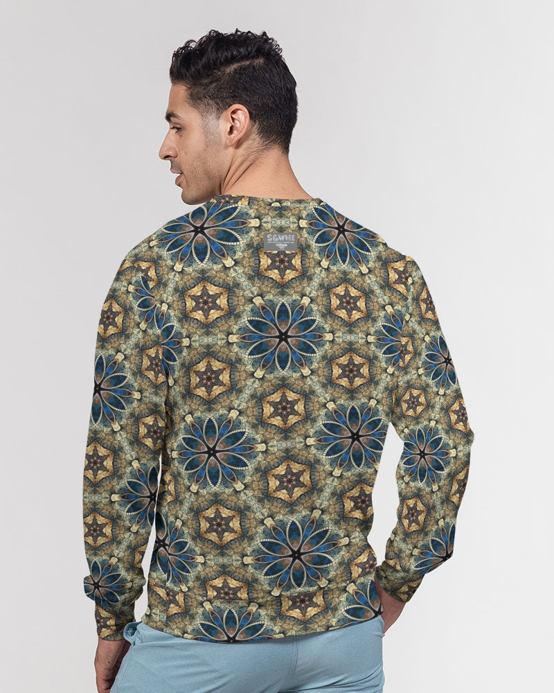 Green & Dark Blue almost star pattern. Men's All-Over Print Classic French Terry Crewneck Pullover