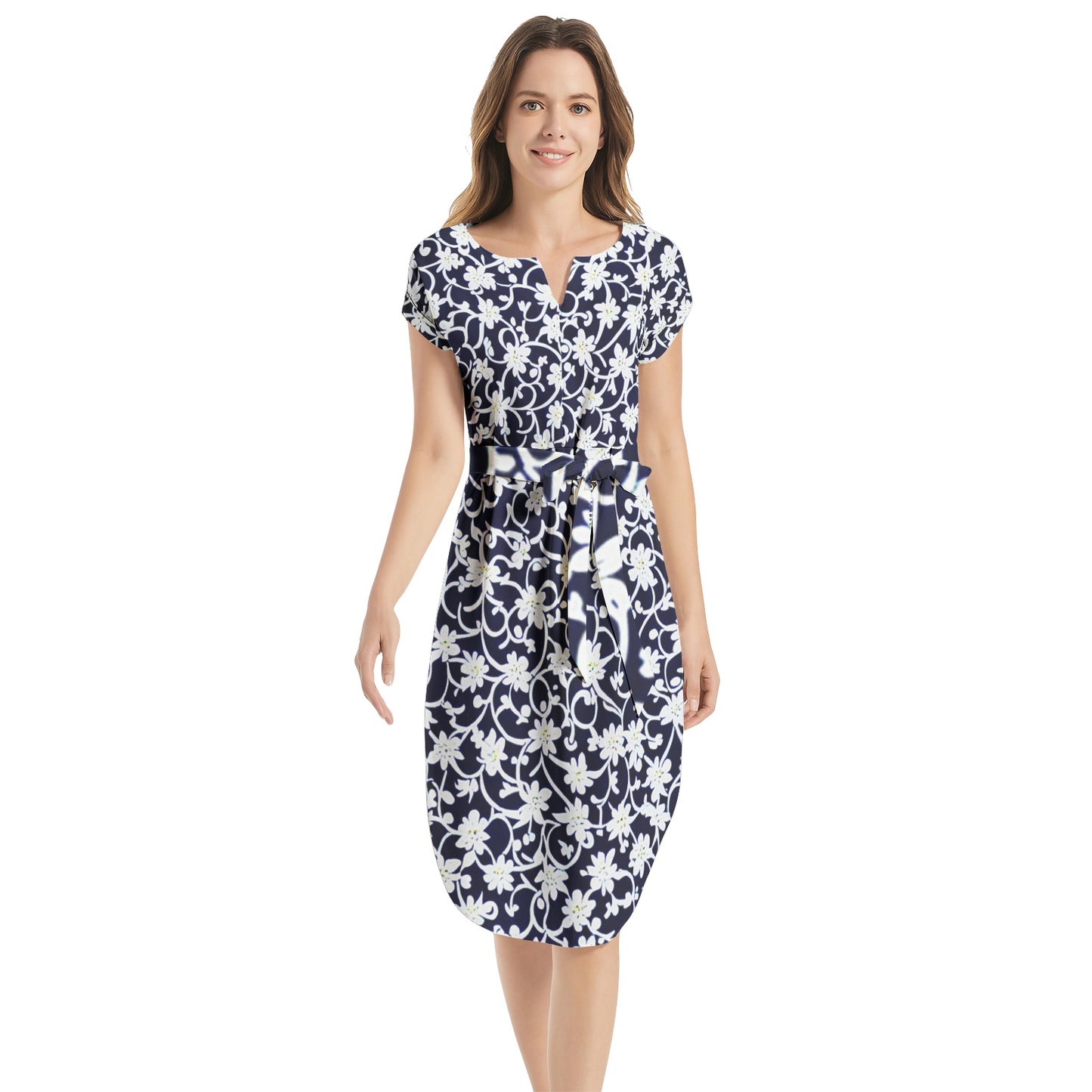 Notched Neck Belted Dress