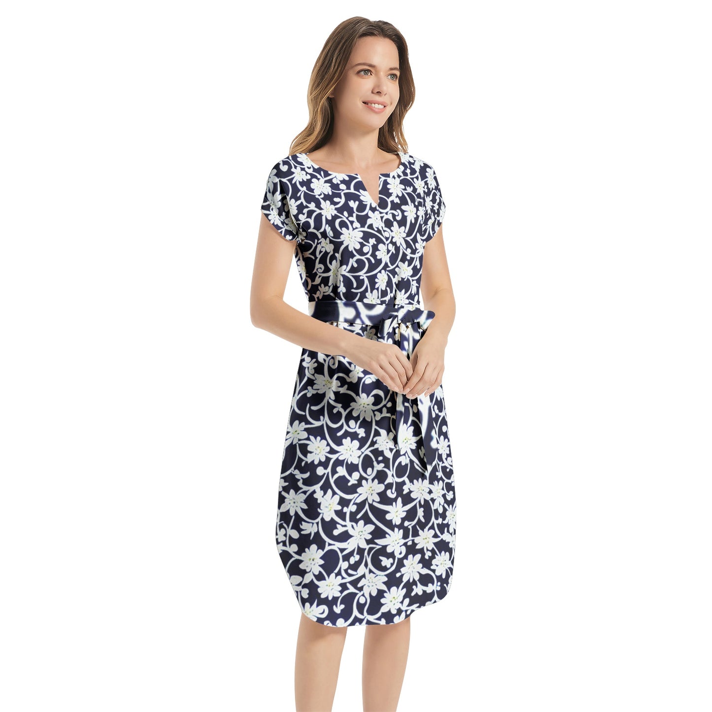 Notched Neck Belted Dress