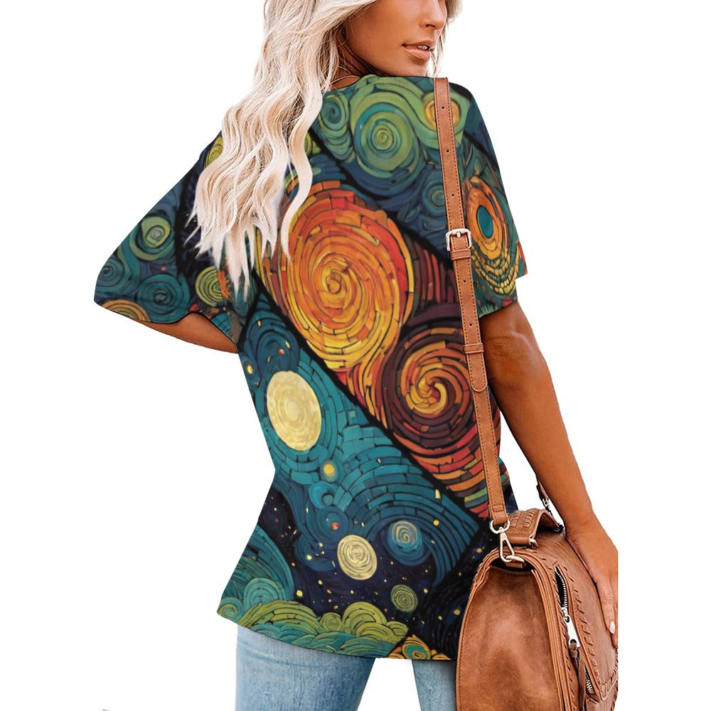 2024 New V Neck Short-sleeve Women Shirt Printed