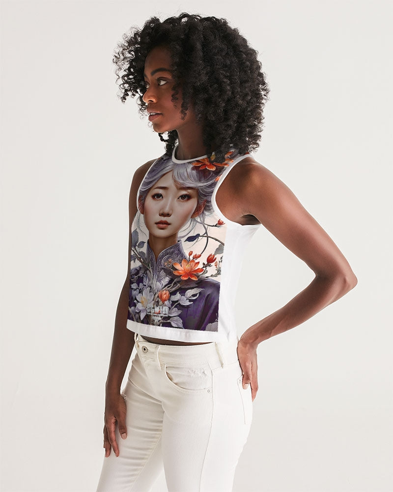 Beautiful Asian woman grey hair blossom Women's All-Over Print Cropped Tank