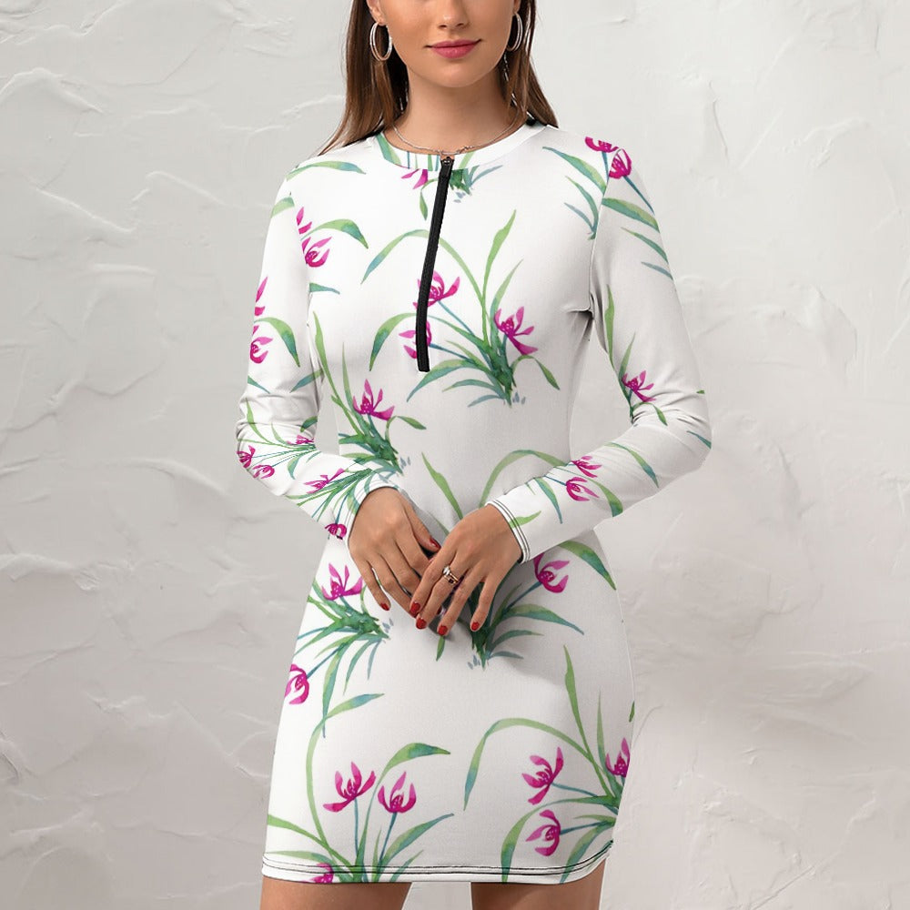 Women's Zipper Long Sleeve Hip Dress