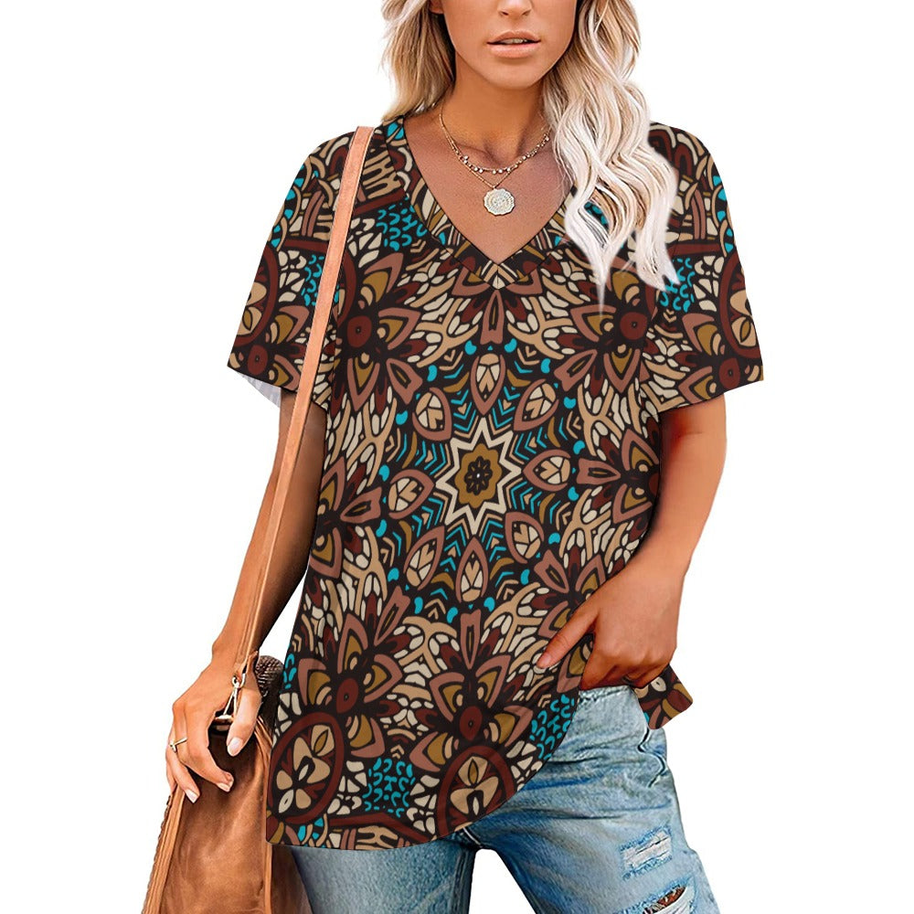 2024 New V Neck Short-sleeve Women Shirt Printed