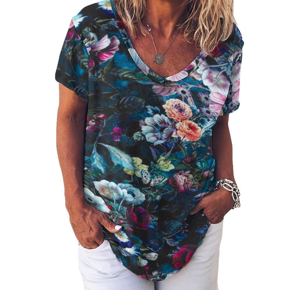 2024 New V Neck Short-sleeve Women Shirt Printed