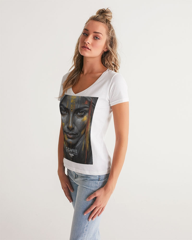 South Asian silver grey white hair sisters portrait [3] Women's All-Over Print V-Neck Tee