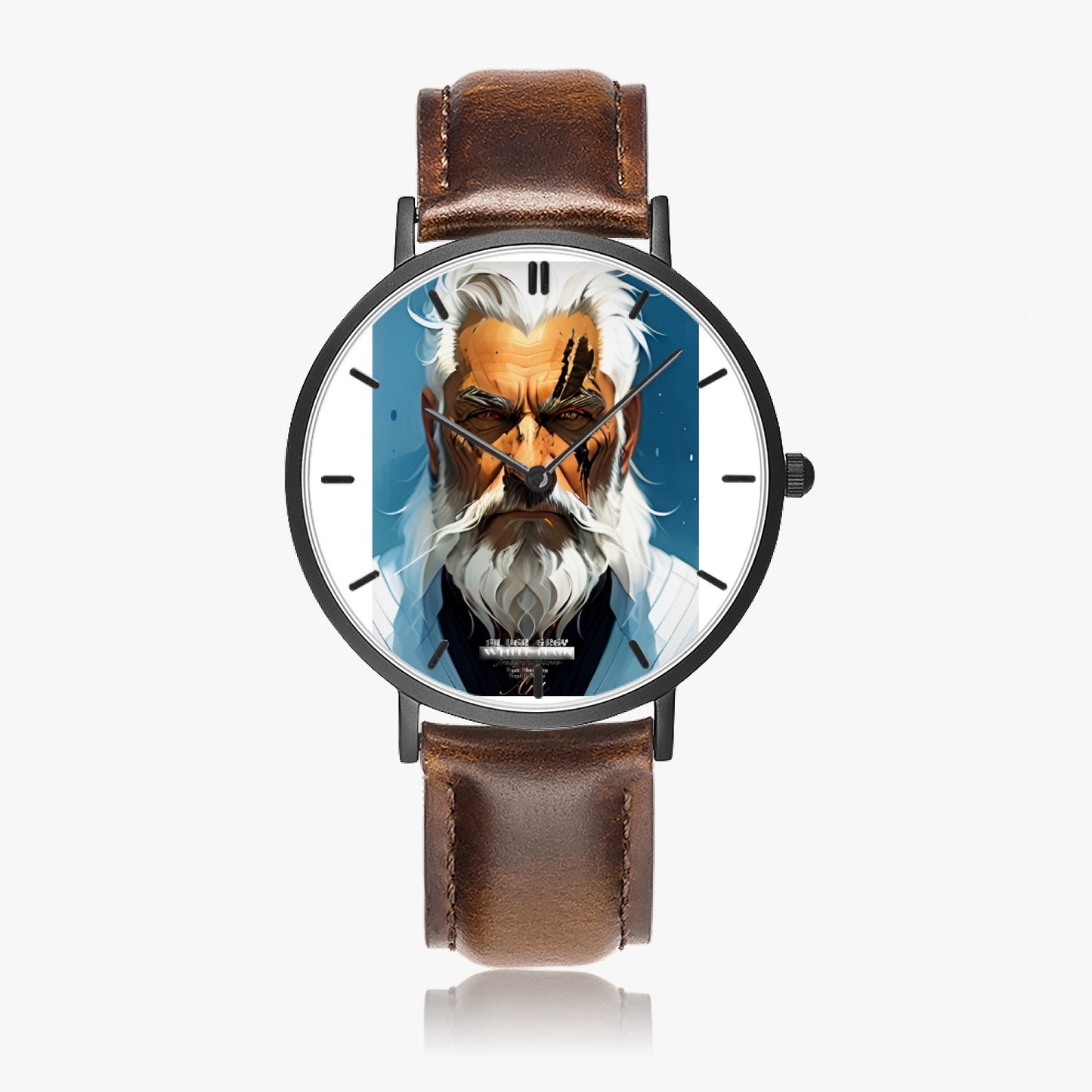 Silver bearded warrior Hot Selling Ultra-Thin Leather Strap Quartz Watch (Black With Indicators)