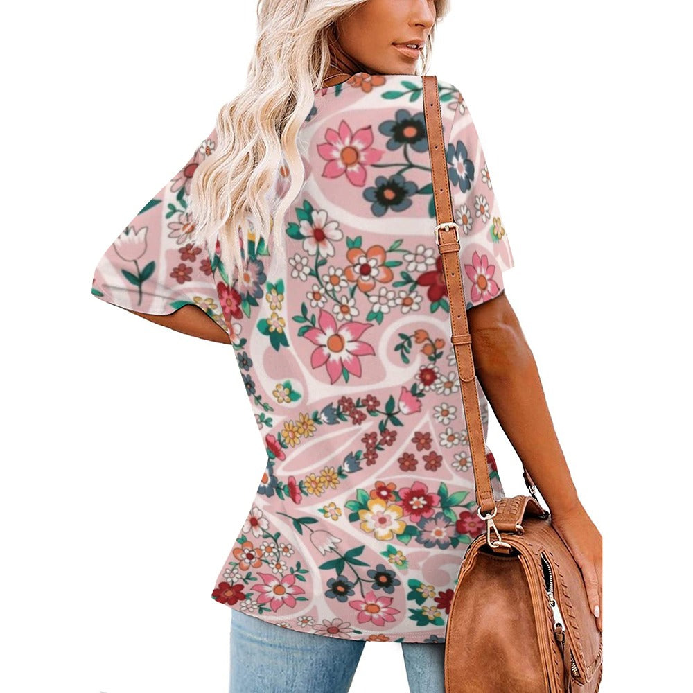 2024 New V Neck Short-sleeve Women Shirt Printed