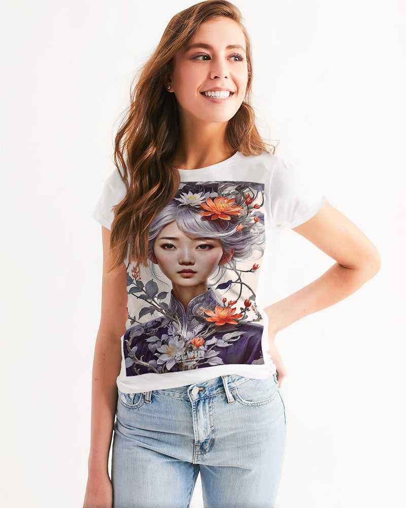 Beautiful Asian woman grey hair blossom Women's All-Over Print Tee