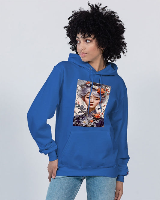 Beautiful Asian woman grey hair blossom Unisex Hoodie | Champion