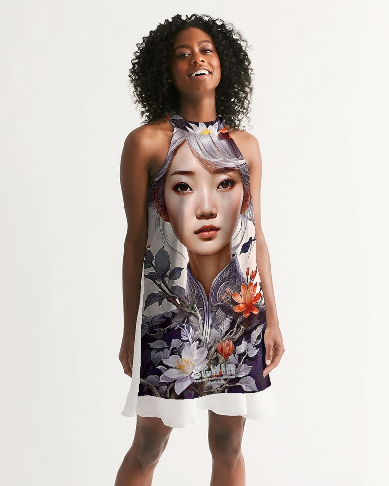 Beautiful Asian woman grey hair blossom Women's All-Over Print Halter Dress