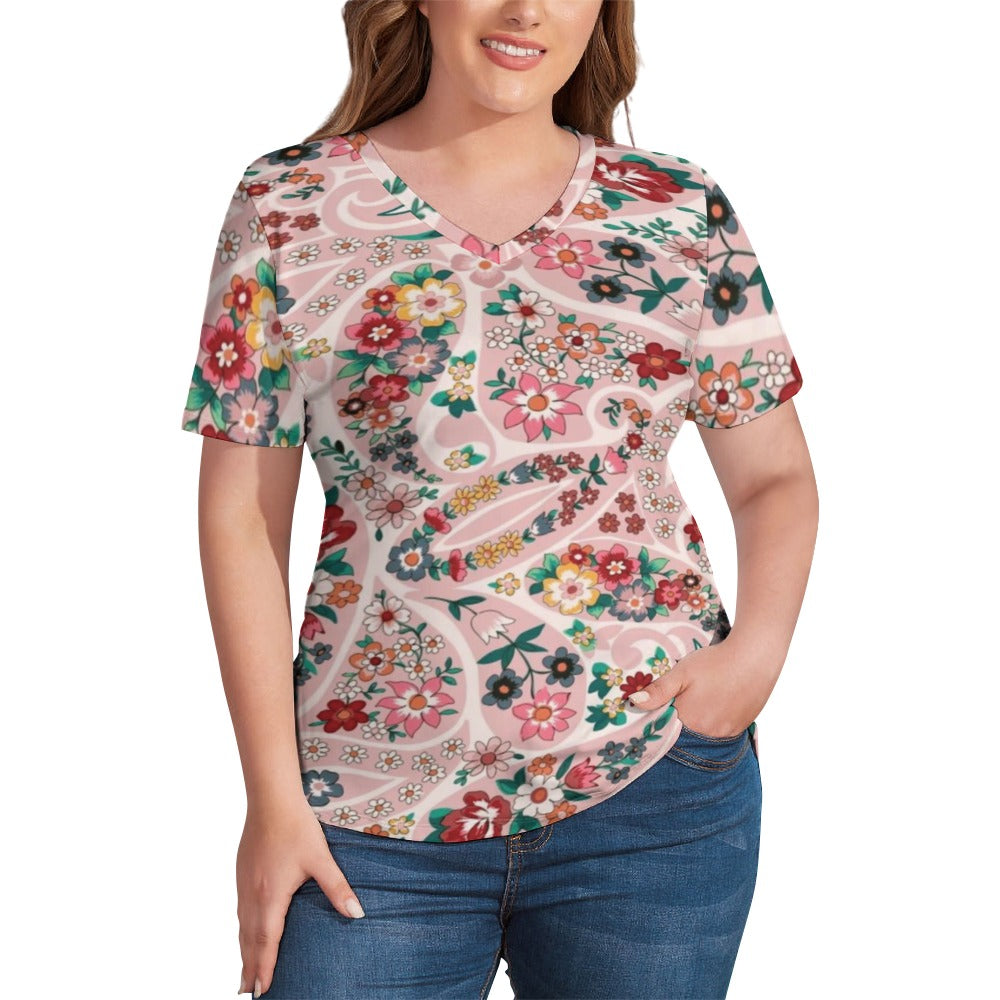 2024 New V Neck Short-sleeve Women Shirt Printed