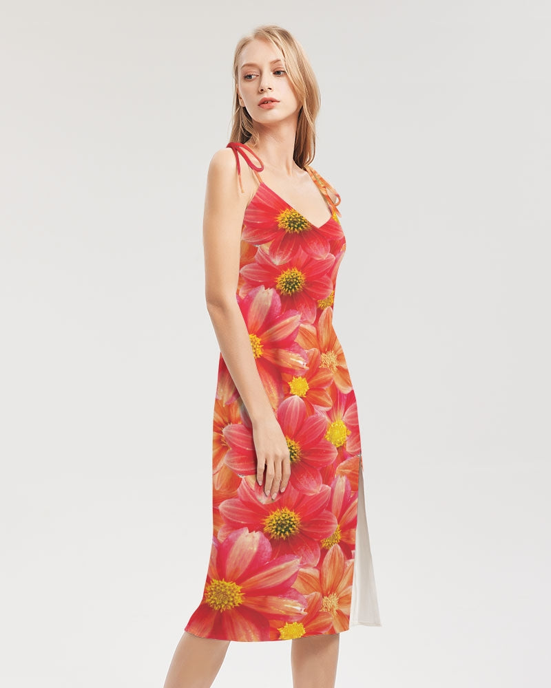 Beautiful blood orange flower design Women's All-Over Print Tie Strap Split Dress