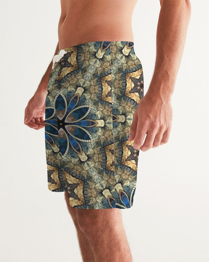 Green & Dark Blue almost star pattern. Men's All-Over Print Swim Trunk