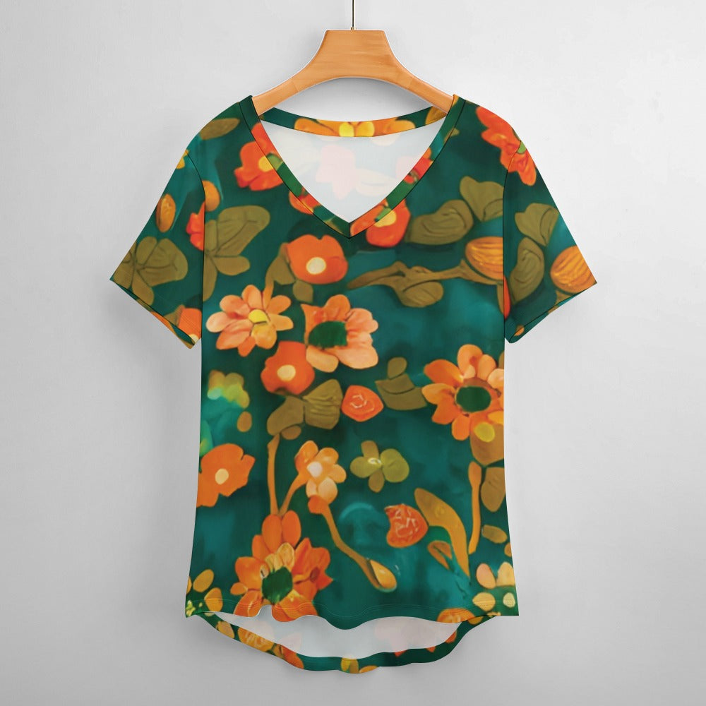 2024 New V Neck Short-sleeve Women Shirt Printed