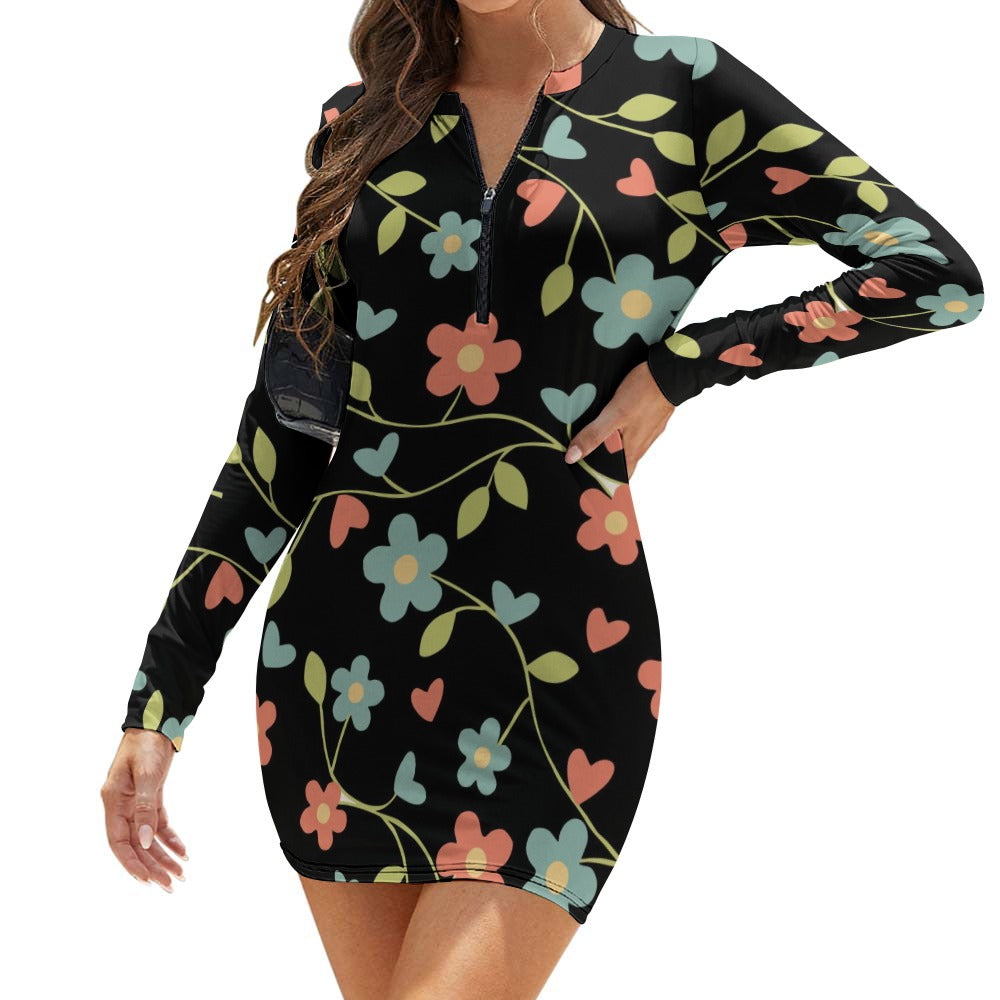 Women's Zipper Long Sleeve Hip Dress