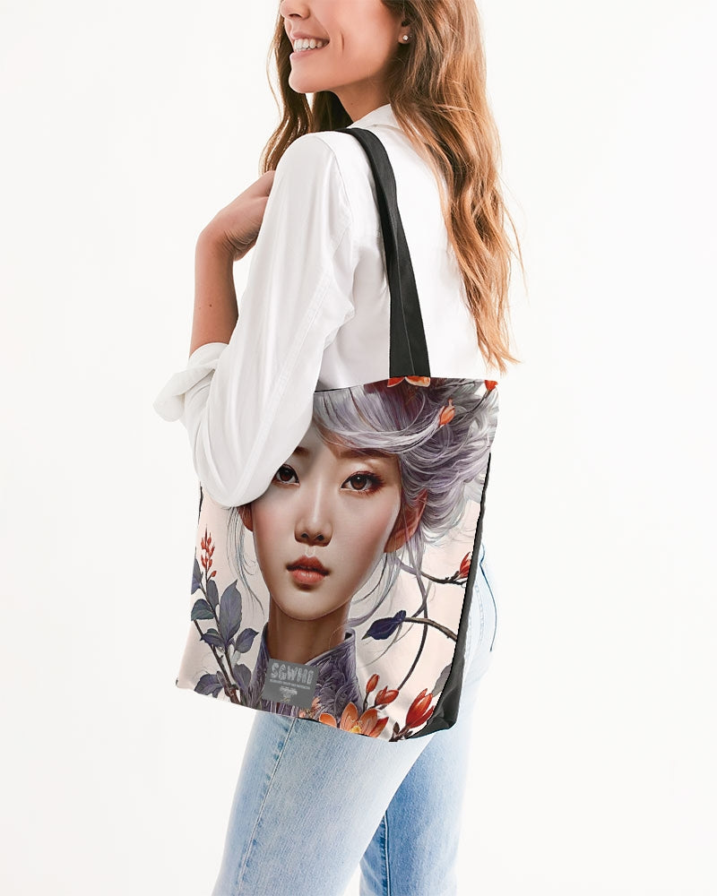 Beautiful Asian woman grey hair blossom Canvas Zip Tote