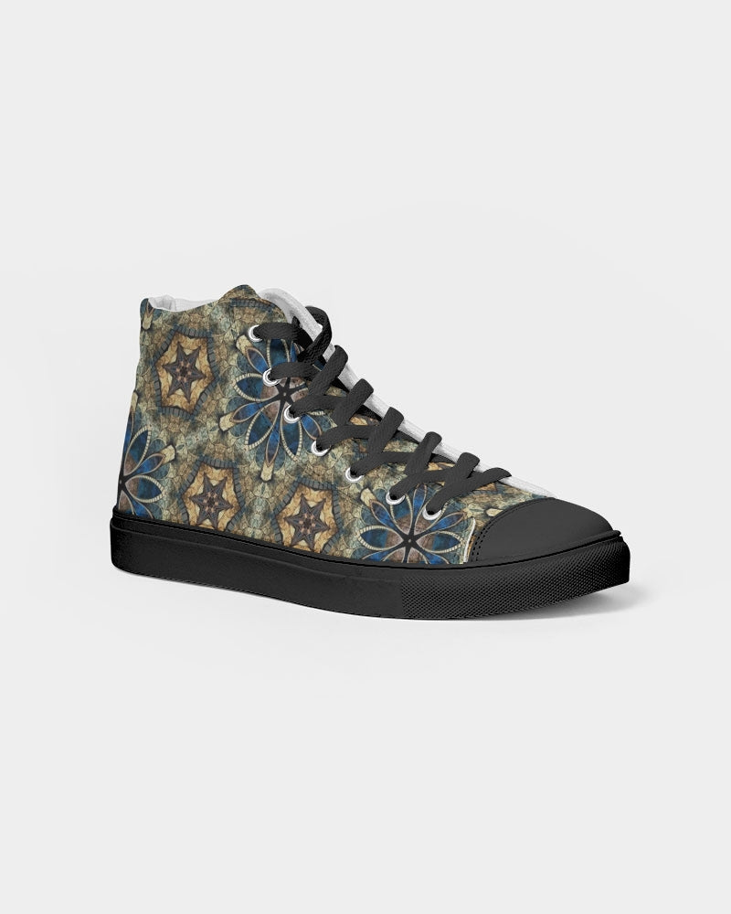 Green & Dark Blue almost star pattern. Men's Hightop Canvas Shoe - Black