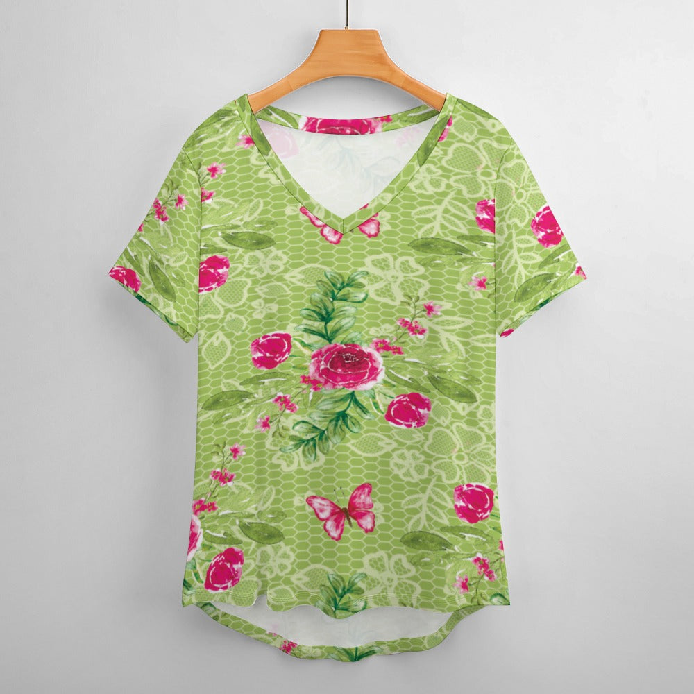 2024 New V Neck Short-sleeve Women Shirt Printed