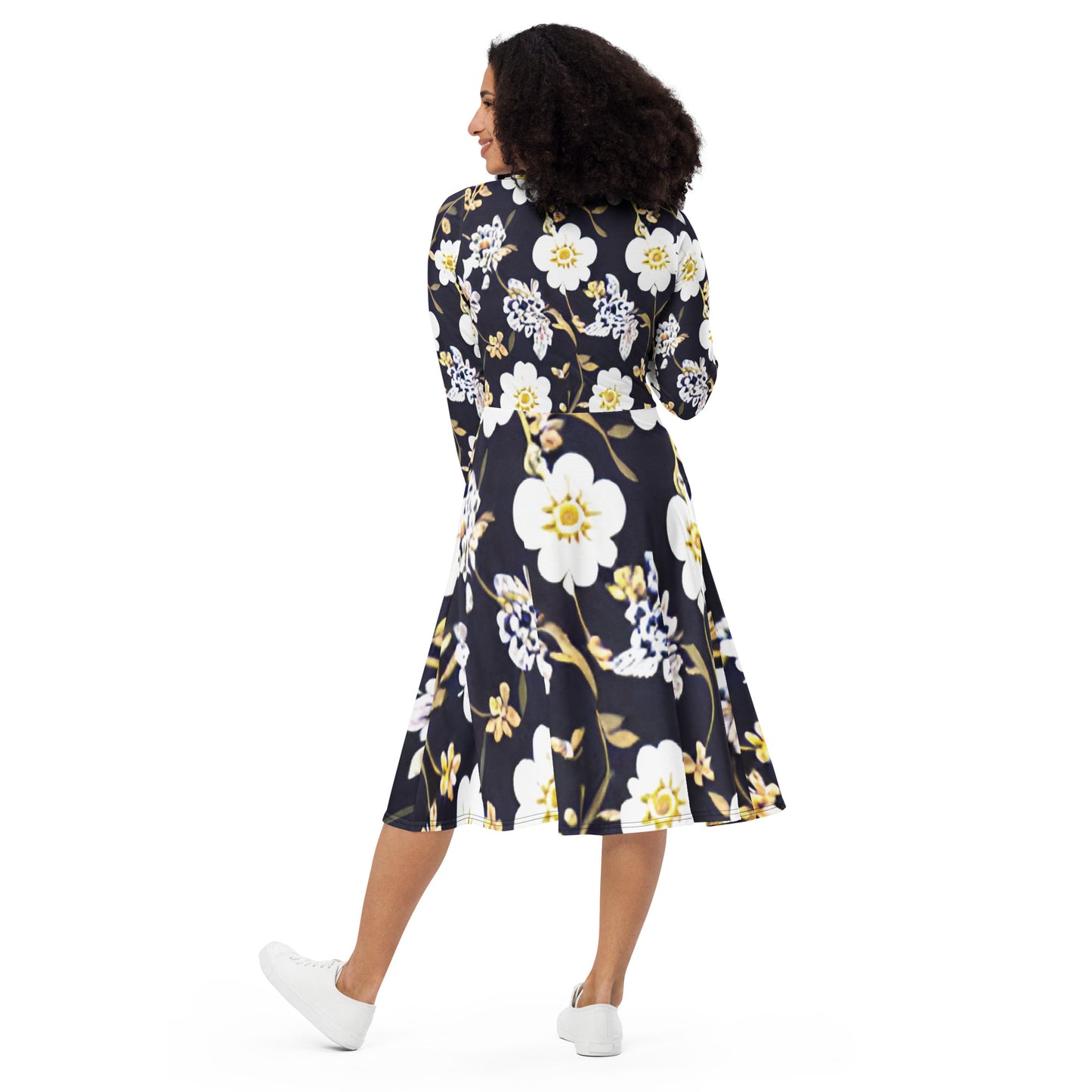 All-over print long sleeve midi dress