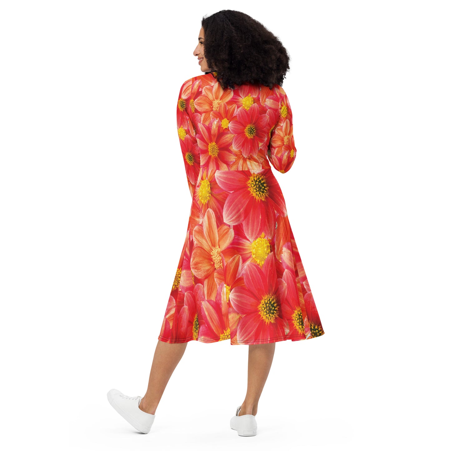 All-over print long sleeve midi dress blood orange flower dress