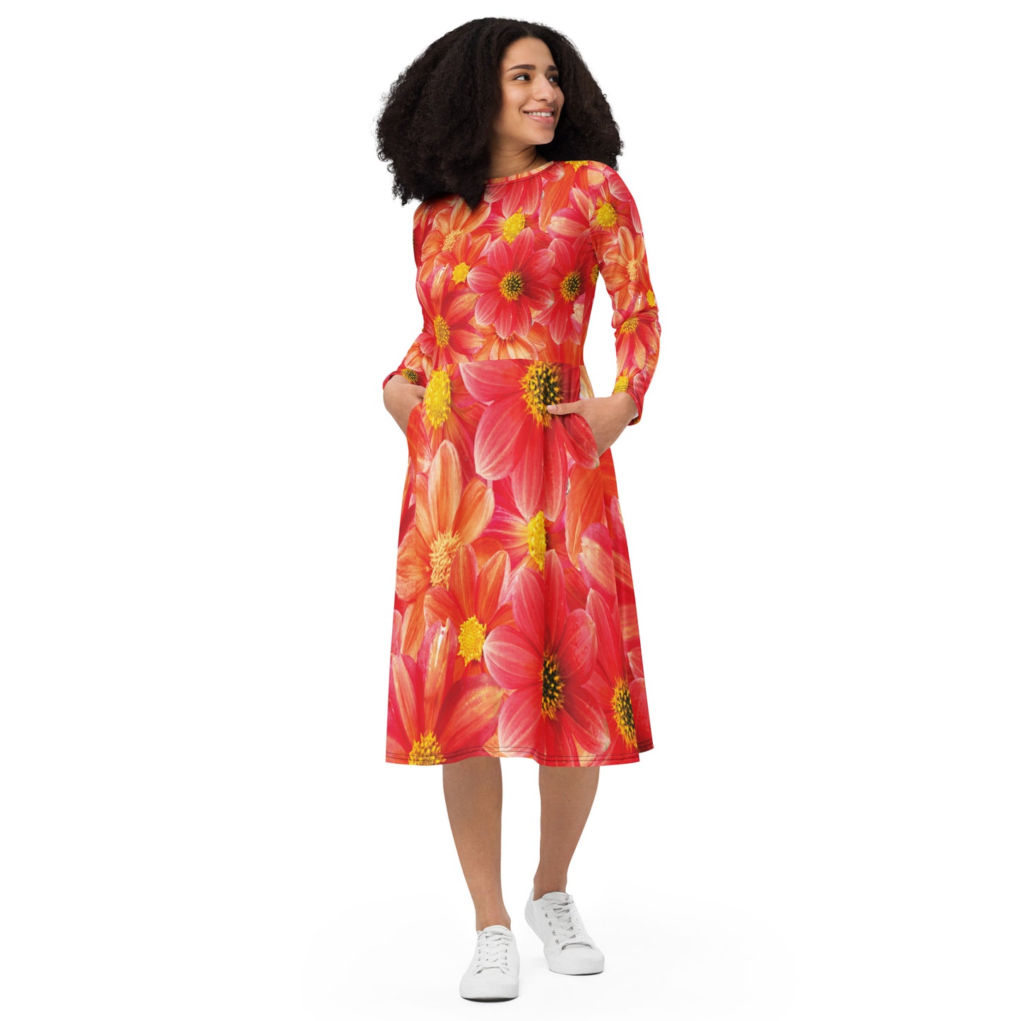 All-over print long sleeve midi dress blood orange flower dress