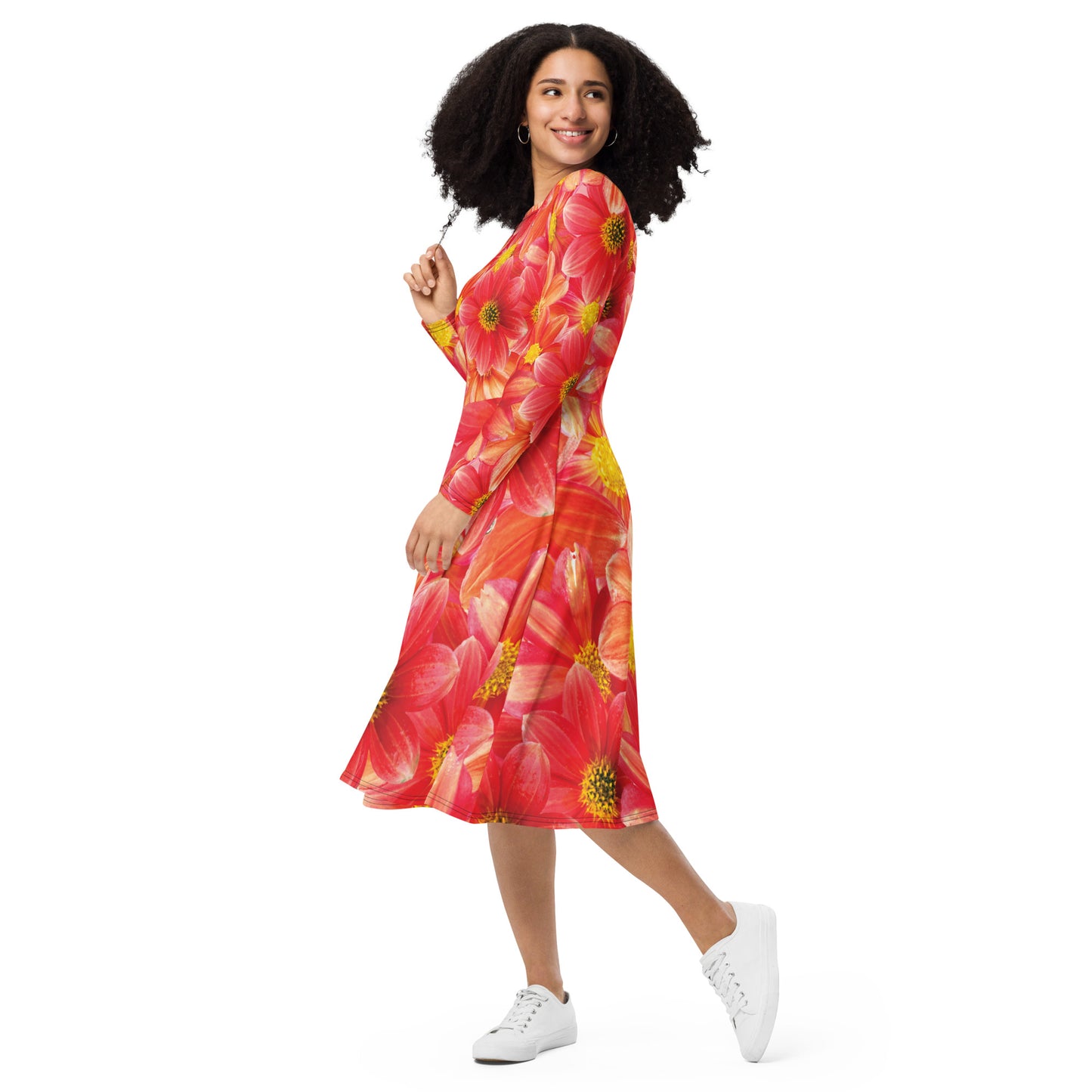 All-over print long sleeve midi dress blood orange flower dress