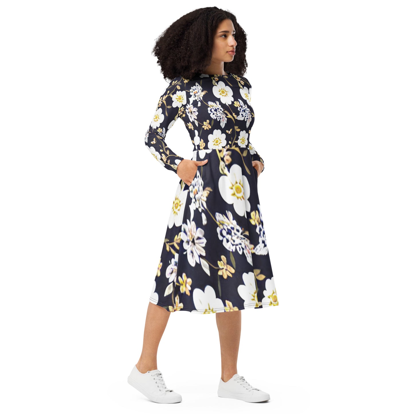 All-over print long sleeve midi dress