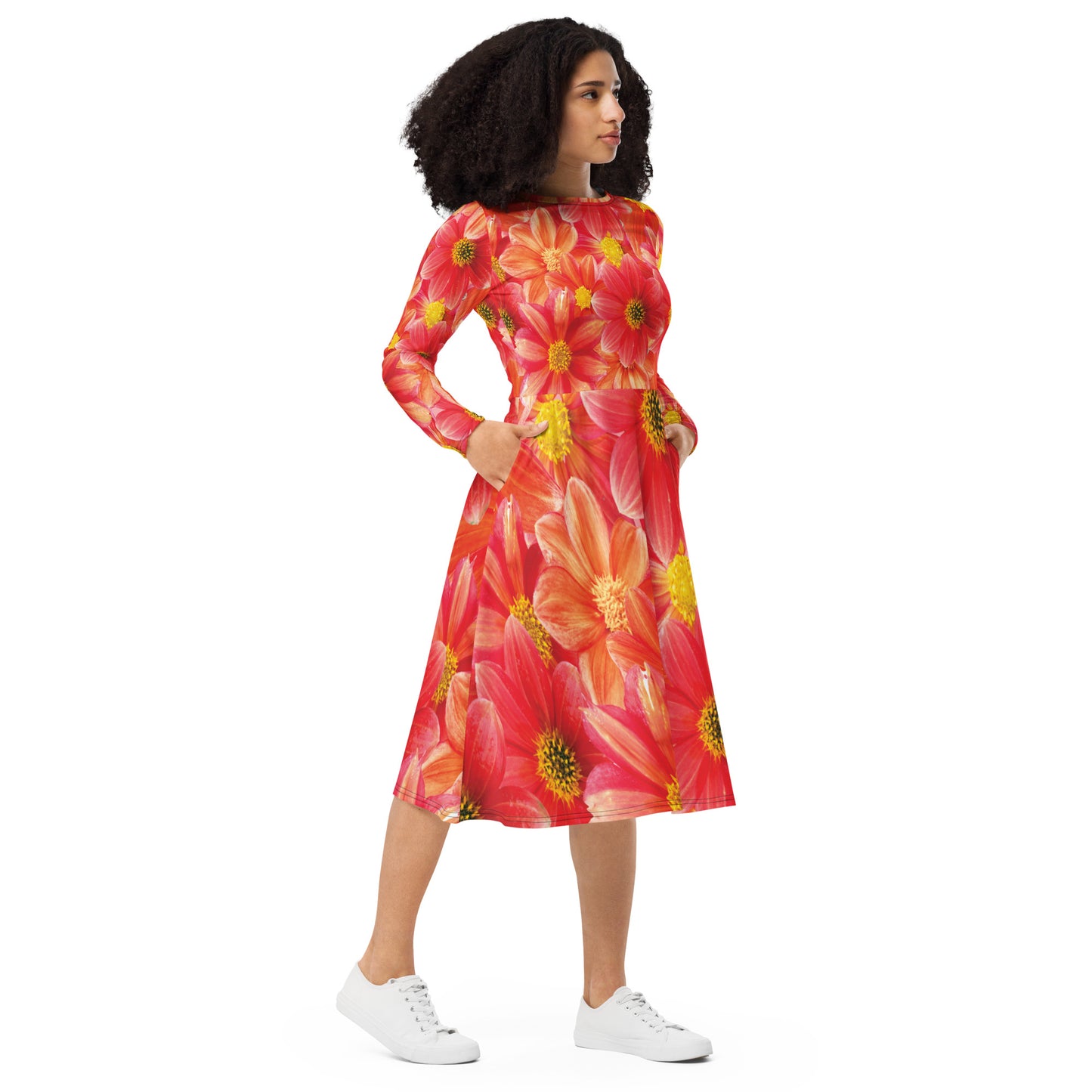 All-over print long sleeve midi dress blood orange flower dress