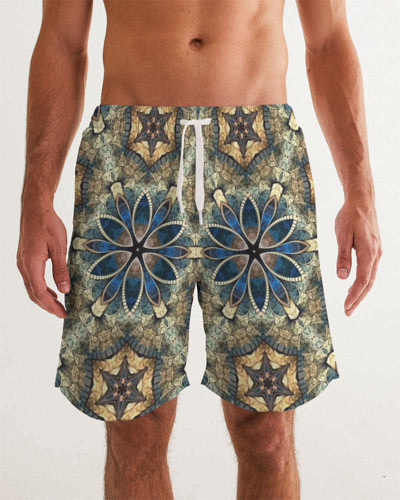 Green & Dark Blue almost star pattern. Men's All-Over Print Swim Trunk